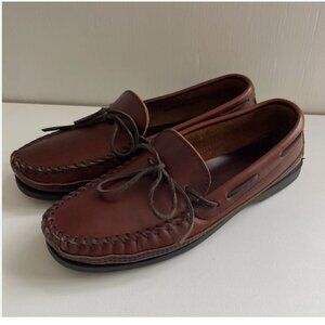 MINNETONKA Brown Leather Boat Shoes Lace Up Rubber Sole Men Size 9